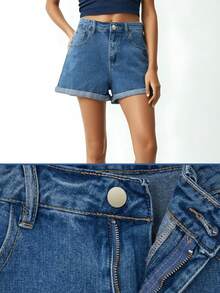 Stretch Bajo Doblez para mujeres, Shorts vaqueros básicos y versátiles de estilo clásico,Shorts mezclilla,Pantalones cortos vaqueros casuales versátiles - Azul - Ver 2