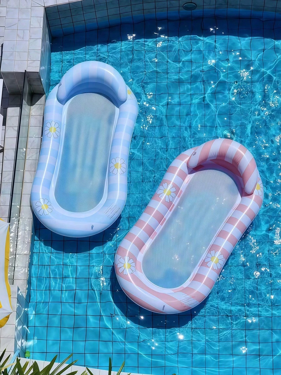 1pc Inflatable Floating Raft, Daisy Stripe Fresh Style With Middle Net, Summer Pool Water Play Inflatable Raft Swim Ring, For Pool Party And Water Gathering, Available In Single Hole Or Multi-Hole Floating Bed Set