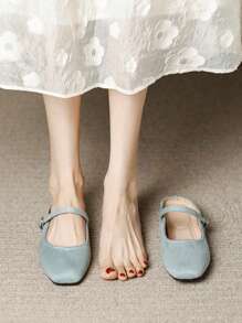 Mocasines de mujer de punta cuadrada color azul claro, de estilo informal y versátil para usar en la oficina, zapatos planos de alta calidad tipo Mary Jane para actividades al aire libre en primavera/otoño