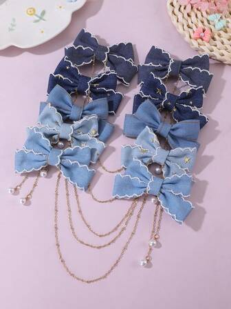 2pcs/10pcs Girls Denim Bowknot Tassel Chain Hair Clips Set, Daily Decor & Party Accessories
