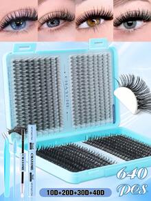 640pcs/Set DIY Eyelash Extension Kit, Eyelash Cluster Set, Curl Degree 10D-100D, Includes Eyelash Glue, Tweezers And Eyelash Brush. Suitable For Home Use. Comes With Eyelash Cluster Manual (4 Mixed Styles). Essential For Christmas Travel. - 彩色 - 查看 5