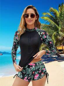 Traje de baño de dos piezas de manga larga con estampado floral - Flor negra - Ver 4