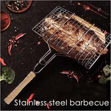 1pc Stainless Steel Foldable Thick Barbecue Grill Rack, Large Capacity Suitable For Roasting Chicken, Steak, Vegetables, Fish, Shrimp; Non-Stick Grill Tool With Handle, BBQ Accessories For Outdoor Camping (Random Color)