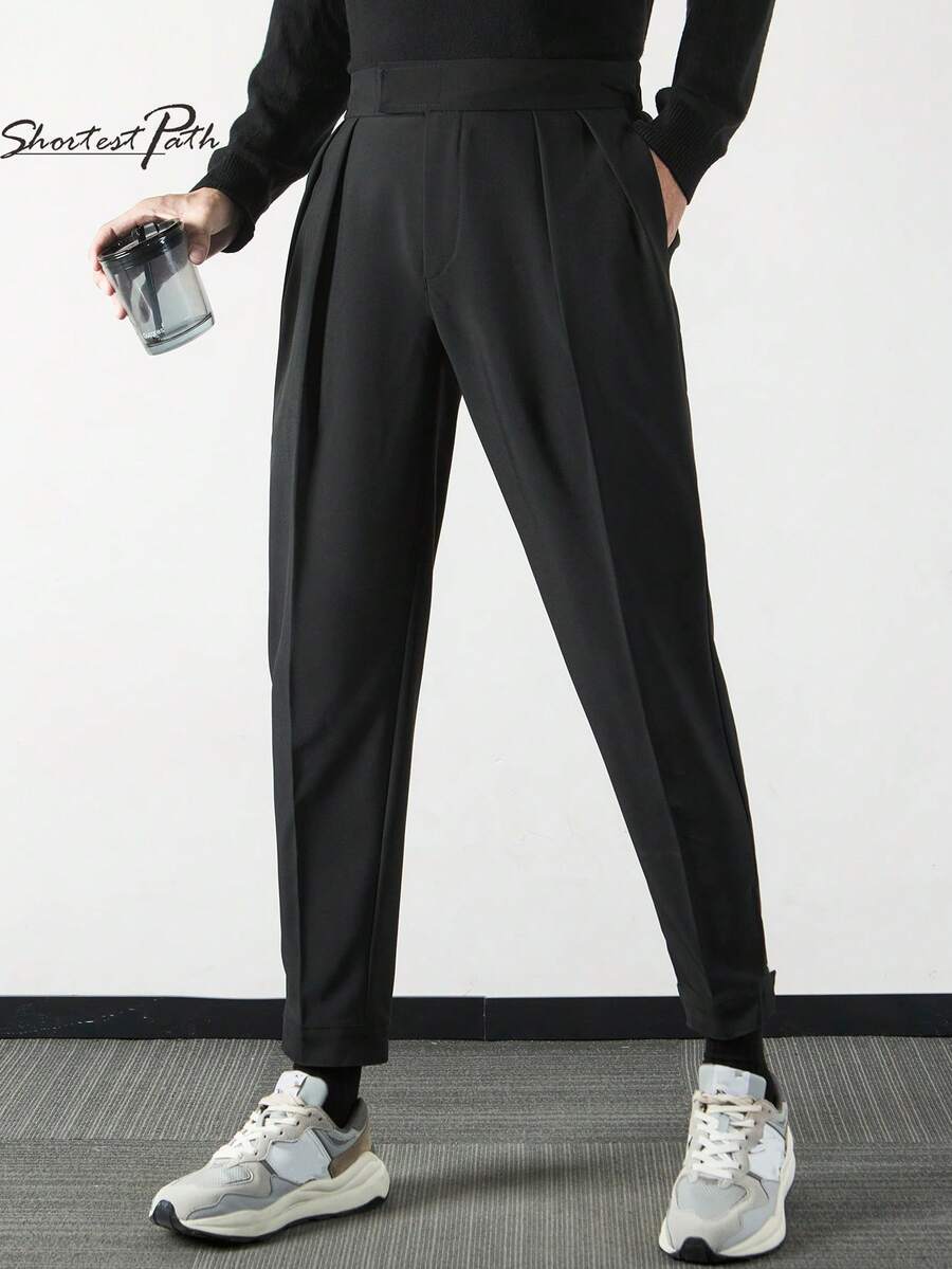 Men's High-Rise Waist Casual Elastic Cuffed Pants - Black - View 1