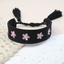 1 Stück handgefertigtes besticktes Blumen Kirschblüten geflochtenes verstellbares Boho Quasten Armband, geeignet für Freunde, Familie, Studenten, Urlaubsgeschenke, Partys, Reisen, Hochzeitsbekleidung