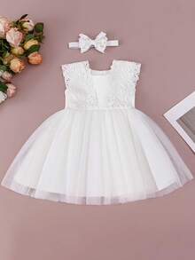 Baby Girl Lace Panel White Christening Dress, Birthday Wedding Flower Girl Tulle Gown With Headband - 白色 - 查看 1