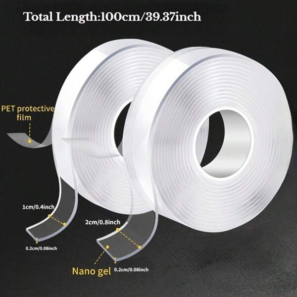 2 Rolls Premium High-Strength, Waterproof, Reusable Double-Sided Tape - Transparent Adhesive Suitable For Office, Kitchen, And Bathroom Essentials