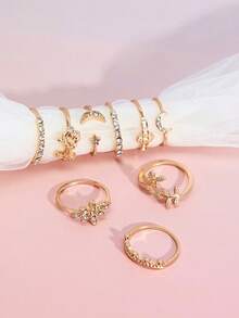 DareSee 9pcs Rhinestone Decor Moon Ring, Stylish Fashion Design Suitable For Daily Wear And Gift Music-Fest Y2K-Fest Back To School Autumn Winter Gifts Music Fest Back To School - Golden - View 7