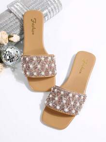 Women's Slide Sandals With Rhinestone Decor, Casual Versatile Outdoor Flat Plastic Slippers