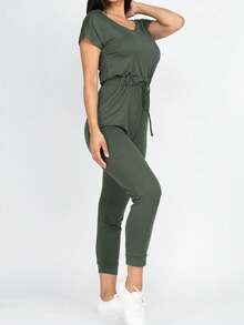Women's Solid Color Casual Two-Way Shoulder Tie Waist Drawstring Short Sleeve Jumpsuit Scoop Neck Off Shoulder Jumpsuit For Women - 橄欖 - 查看 3