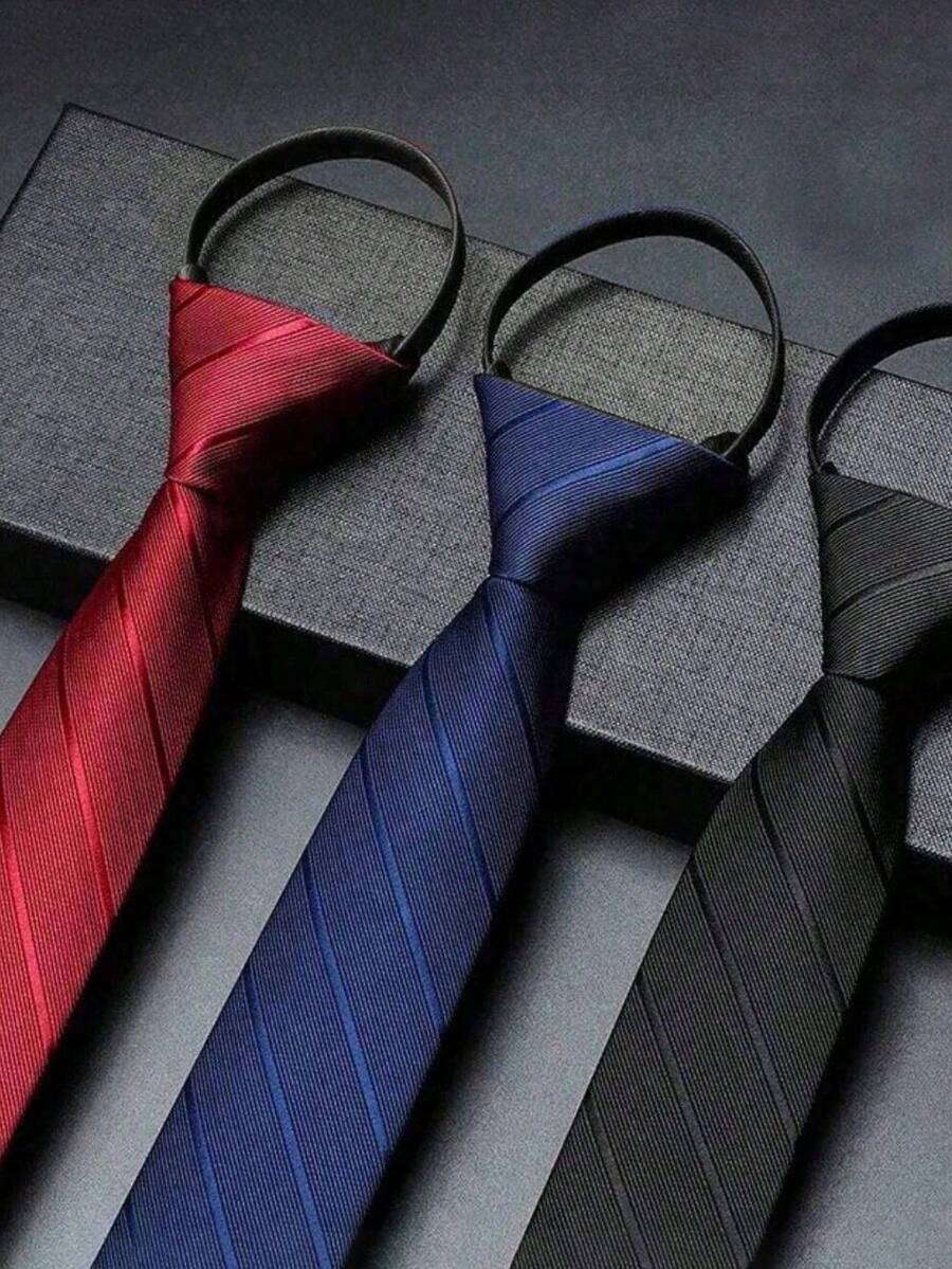 1pc Men's Knot Free Zipper Style Black Diagonal Tie Suitable For Business, Versatile, Daily Wear Men Necktie - Multicolor - View 1