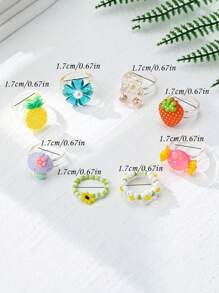 8pcs/Set Summer Dopamine Flower Resin Rings, Elegant Fresh And Simple Fruit Design Pineapple & Strawberry Rings For Women