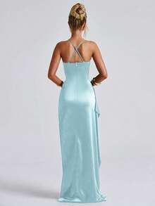 优雅性感缎面无肩带露肩荷叶边腰身派对礼服、伴娘礼服、正式礼服