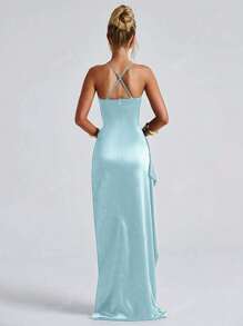 Elegant Sexy Satin Strapless Off Shoulder Ruffle Trim Waist Party Dress, Bridesmaid Dress, Formal Gown
