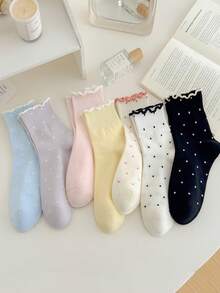 5 Pairs Random Women's Sweet Ruffle Edge Polka Dot Crew Socks, Fashionable & Breathable - Multicolor - View 3