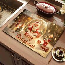 1pc Christmas Santa, Snowman & Tree Printed Silicone Coffee Drink Coaster, Anti-Slip Absorbent Washable Drainage Mat For Countertop, Kitchen, Dining Table, Holiday Decor