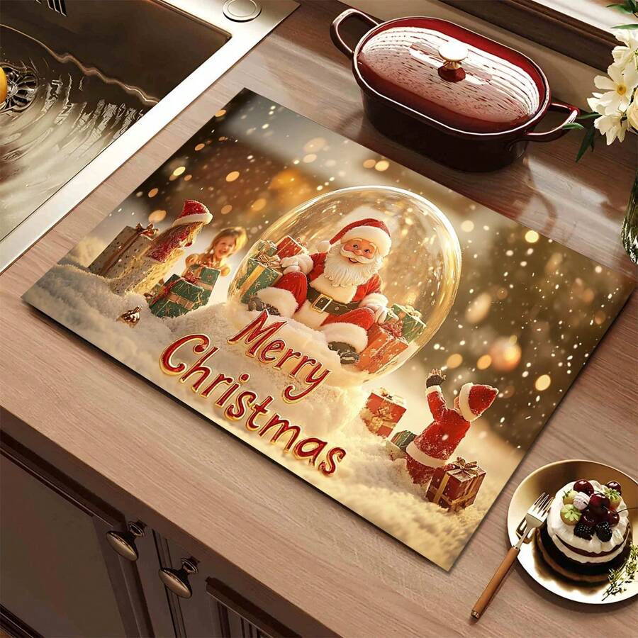 1pc Christmas Santa, Snowman & Tree Printed Silicone Coffee Drink Coaster, Anti-Slip Absorbent Washable Drainage Mat For Countertop, Kitchen, Dining Table, Holiday Decor