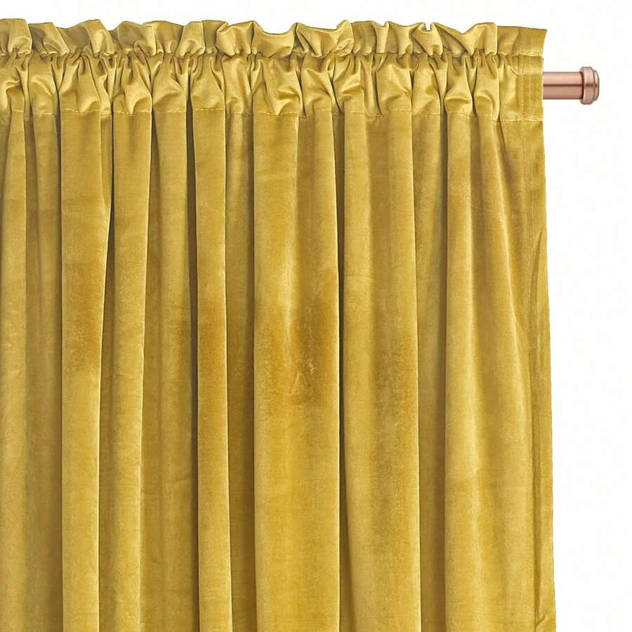 Cortina opaca de terciopelo sobre cinta, 140 x 270 cm, gruesa, adecuada para dormitorio o salón, decorativa, opaca. - Mostaza Amarilla - Ver 1