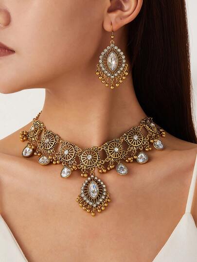 3pcs Vintage Bronze Hollow Out Tassel Necklace & Earrings Set, Exaggerate Jewelry, Suitable For Women's Daily Wear & Party