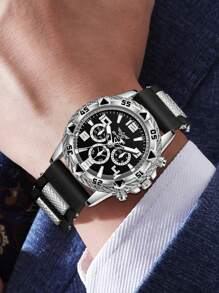 3 PiecesMen's Black Strap Fashion Business Mixed Scale Three Eye Dial Quartz Watch Bracelet Jewelry Set Suitable For Daily Wear Decoration Or Holiday Gifts