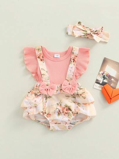 Baby Girls Two-Piece Clothes Set, Pink Floral Printed Pattern Fly Sleeves Romper And Bow Knot Headdress