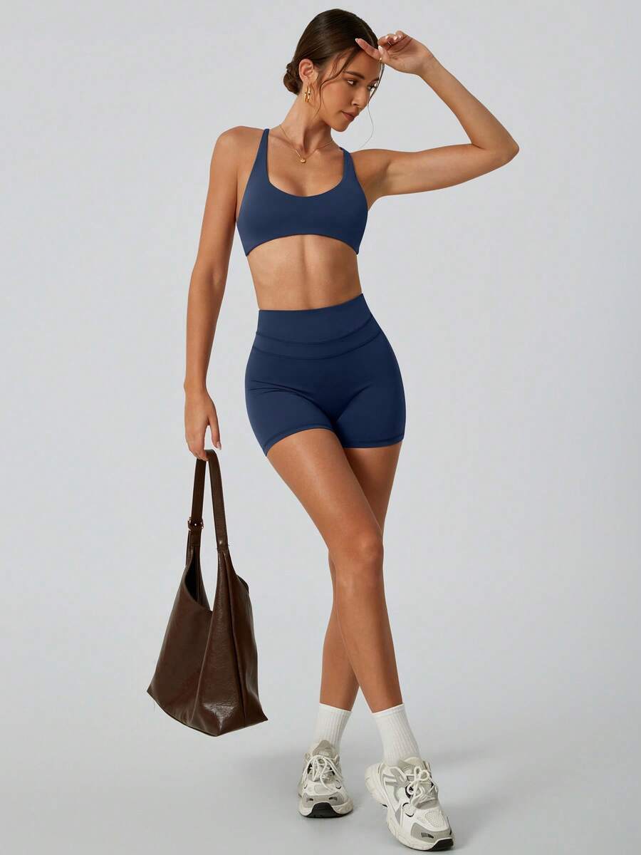 NcmRyu 1 Set Women's Fashion Elastic Sexy Backless Sports Bra And Shaping Leggings Workout Suit Summer - Màu xanh lam - Xem 1