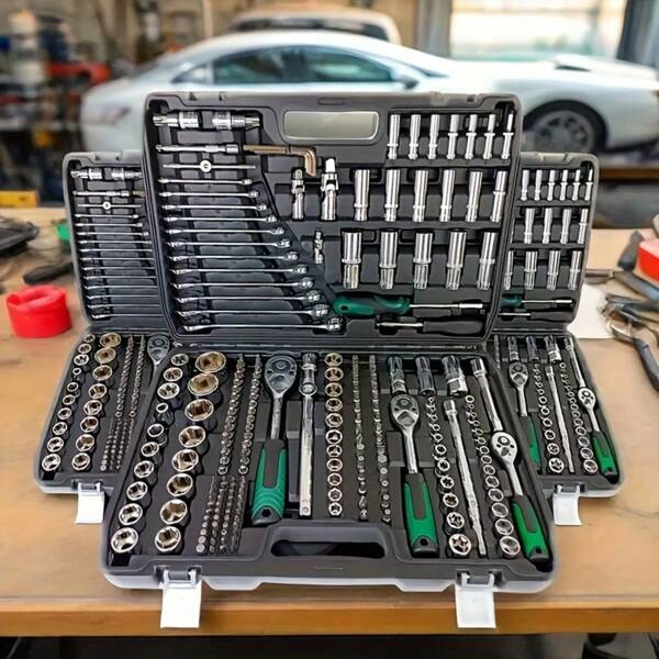 Multi-Purpose Vehicle Repair Tool Set, 46 & 216 Pieces Motorcycle Maintenance Set With Plastic Storage Box, Outdoor Cycling Emergency Bicycle Repair Tool Set, Including Hex Wrenches, 1/2 & 3/8 Drive Deep And Standard Sockets, Universal Joints, Screwdrivers, Ratchets, Sliding Bars. It Is Suitable For DIY Enthusiasts And Mechanics, And Applicable To The Repair And Maintenance Of Automobiles, Motorcycles, Bicycles And Machinery.