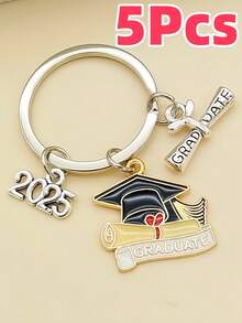 5 piezas Llavero unisex de graduación 2025-2026, llavero de gorra de graduación de aleación con forma de gota de aceite, regalo de recuerdo de ceremonia de graduación, colgante para mochila y bolso