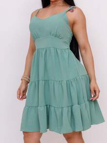 Women's Midi Dress With Straps In Duna Fabric, Loose And Lined - 薄荷綠 - 查看 2