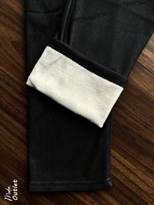 Leggings afelpado para mujer, casual, tela de algodón y poliéster, ideal para actividades al aire libre, apto para temporadas de otoño e invierno, cálidos y cómodos. Te llegará un legging en color negro y estampado al azar. - Negro - Ver 8