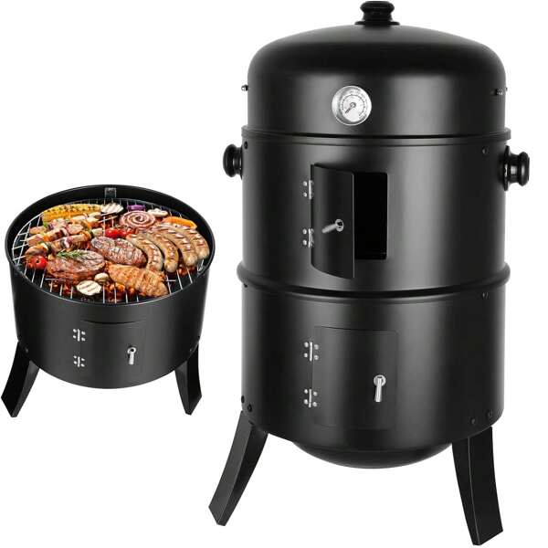 16 inch 3 in 1 Räuchergrill Smoker, Räuchern Räucherofen, Smoker Grill mit Deckel & Thermometer, 2 Grillrost Edelstahl, 2 Wasserschale Emaille, Räuchertonne