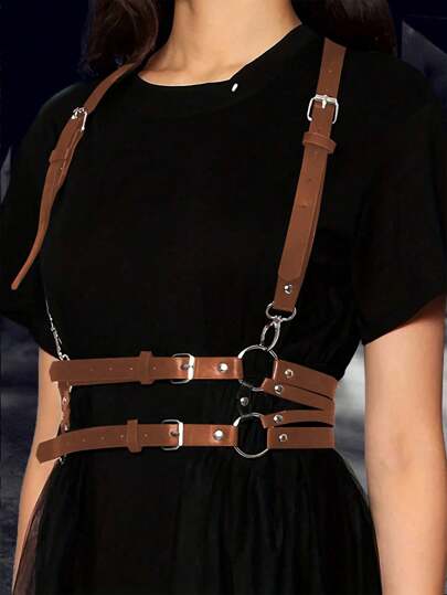 1pc Women's Brown Toned Sexy PU Leather Suspender, Suitable For Nightclub, Halloween Party, Renaissance-Inspired Accessory