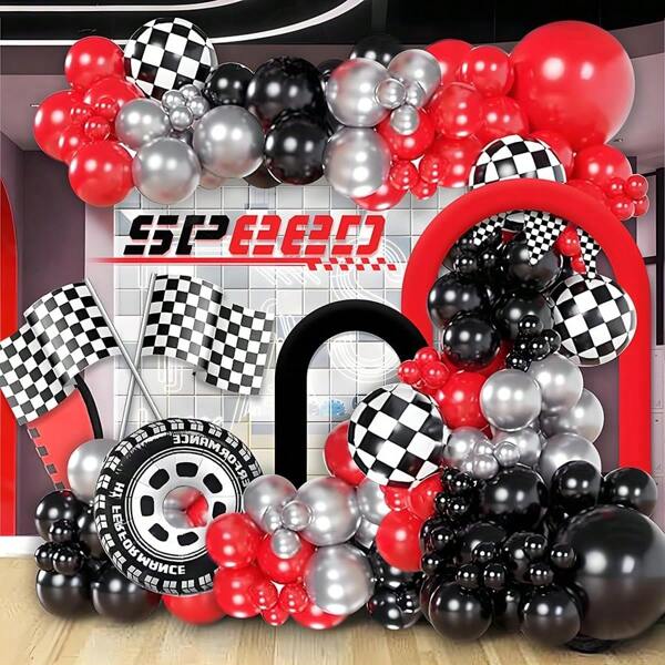 Race Car Balloon Arch Garland Kit 104Pcs Red Black And Metallic Silver Balloons With Checkered Wheel Foil Balloons For Two Fast Birthday Party Decorations