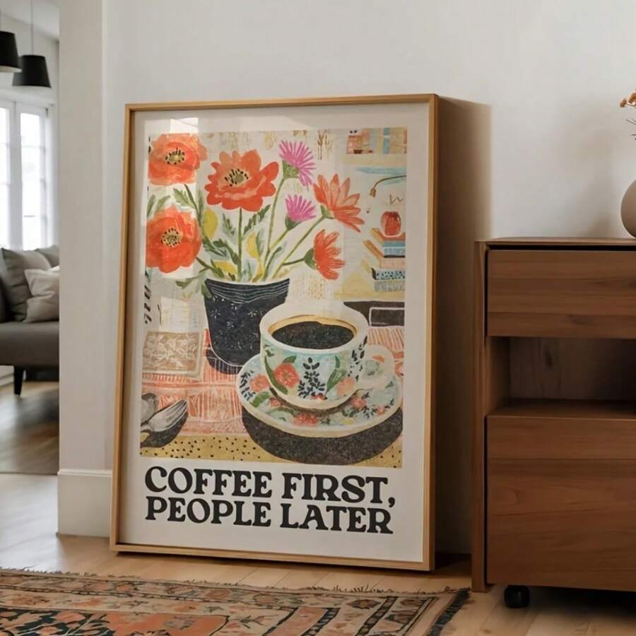 1 pieza Cartel de lienzo con pintura vintage de flores de café para decoración de cocina y sala de estar, regalo perfecto para entusiastas del café, pintura en lienzo con opción de marco