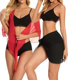 CHICGAL 2 Pieces Women Beach Sarong Bathing Suit Wrap Skirt Sheer Bikini Swimsuit Cover Ups Swimwear - 黑色和亮紅色 - 查看 2