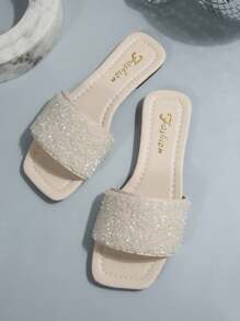 Women's Strap Crystal Embellished Slide Sandals, Summer Casual Versatile Outdoor Plastic Flat Slippers