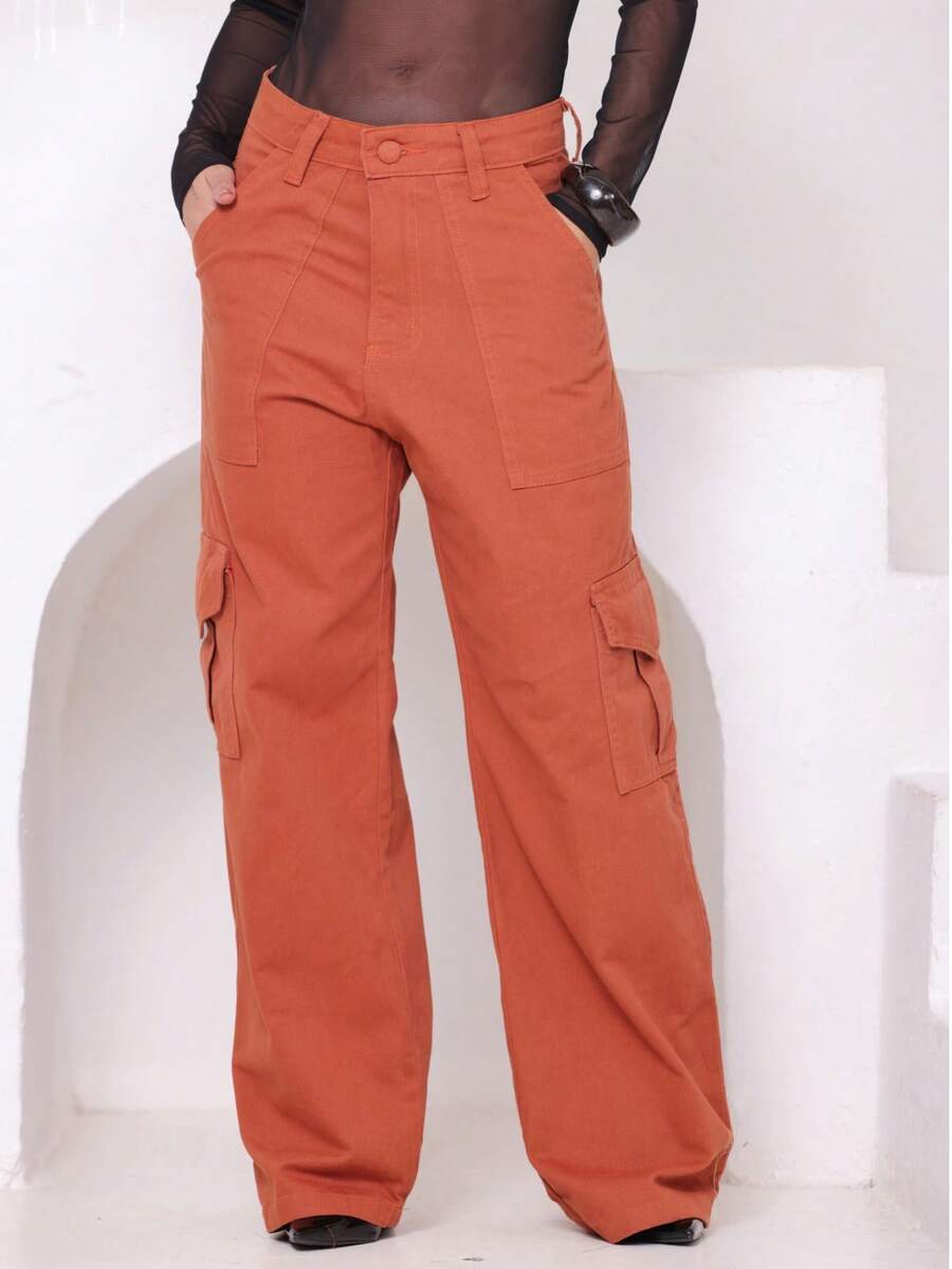 Wide Leg Cargo Jeans - Rust Brown - View 1