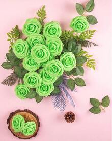 25Pcs Artificial Roses Flowers Fake Roses With Stems Real Touch Foam Flowers For DIY Wedding Bouquet Baby Shower Centerpiece Floral Arrangement Party Home Decor(Dark Red) - 淺綠色 - 查看 4