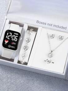 Set de 6 piezas con reloj digital LED de silicona blanca cuadrada de moda casual, pulsera, collar, aretes y anillo de cristal blanco hueco. Mejor regalo de cumpleaños para niños, adecuado para uso diario.