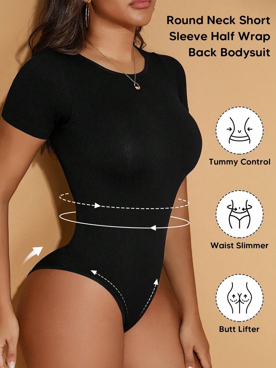 女士纯色短袖紧身连衣裤 - 黑色 - 查看 1