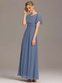 秋季女士优雅圆领高腰褶皱雪纺灰蓝色伴娘礼服 - 霧霾藍 - 查看 3