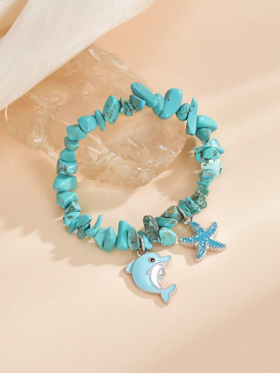 1pc Asymmetrical Natural Stone Starfish, Shell, Mermaid Tail, Dolphin, Butterfly Pendant Beach-Style Fashion Bracelet For Women, Summer Holiday Beach Ocean Decor
