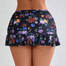 Halcurt Women's Low Waisted Ruched Ruffle Swim Skirts With Hipster Bikini Bottoms Tummy Control Swimsuit - Black/Floral - View 4