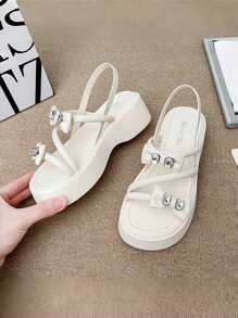 Summer New Crystal Sandals Women Outdoor Wear Bowknot Increased Height Sandals Black Classic Versatile Holiday Beach Strap Sandals Women Thick Bottom Platform Increased Height Slimming Cute Fairy Roman Sandals For Women