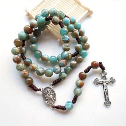 1pc Handmade Vintage Style Blue-Green Beaded Catholic Rosary Necklace With Cross Pendant, Spiritual Jewelry Suitable For Year-Round Wear