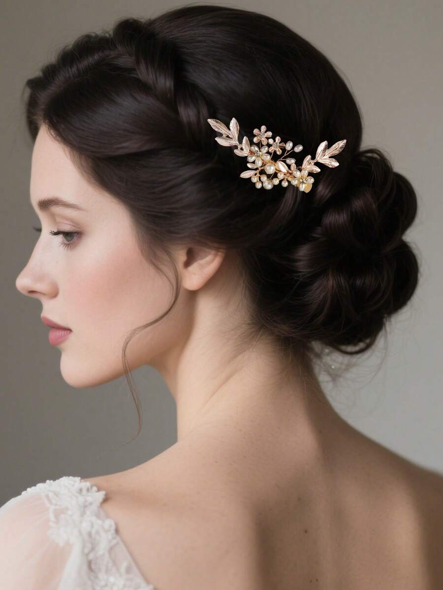 1pc Elegant Floral & Leaf Rhinestone Faux Pearl Decorated Garden Wedding Bridal/Bridesmaid Hair Clip Accessory Valentine's Day Accessories - Gold - View 1