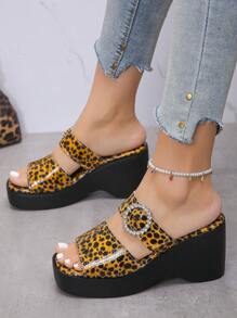 Plus Size Women's Wedge Thick Bottom Sandals, New Arrival Summer Fashion European And American Style Leopard Print, Rhinestone Round Buckle Platform High-Heel Sandals For Casual, Vacation, Party, Dating, Comfortable And Versatile, Waterproof