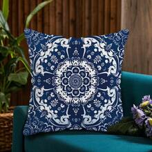 TOPSSCTR Set Of 4 Traditional Geometric Blue Porcelain Pattern Throw Pillow Covers, Polyester Zippered Cushion Cases, Machine Washable Woven Decorative Pillowcases For Various Room Types, 45cm X 45cm - No Insert, Single Side Design