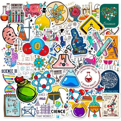 50/100张科学贴纸，卡通乙烯基防水物理、化学、生物实验贴纸，适合教师、青少年，趣味贴纸，可用于水瓶、笔记本电脑、笔记本、行李箱、电脑装饰、实验室科学装饰、生日礼物、毕业礼物、学习用品、返校剪贴簿用品、笔记本电脑贴纸、Kindle手机贴纸