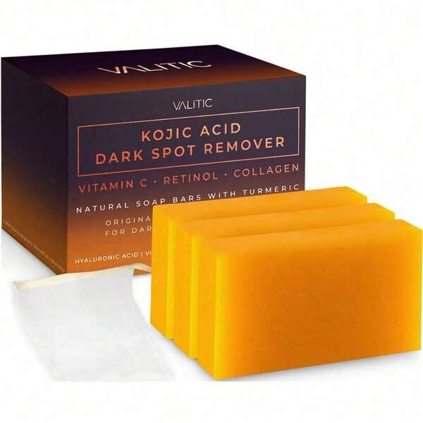 3pcs VALITIC Kojic Acid Dark Spot Remover Soap Bars With Vitamin C, Retinol, Collagen, Turmeric - Original Japanese Complex Infused With Hyaluronic Acid, Vitamin E, Shea Butter, Castile Olive Oil.